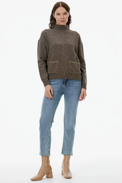 Dik Yaka Cepli Triko Kazak - Kahve - 3