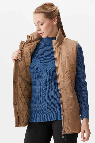 Kapitone Dik Yaka İçi Peluş Yelek - Bej - Resim 5