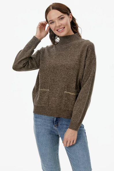 Dik Yaka Cepli Triko Kazak - Kahve - 2