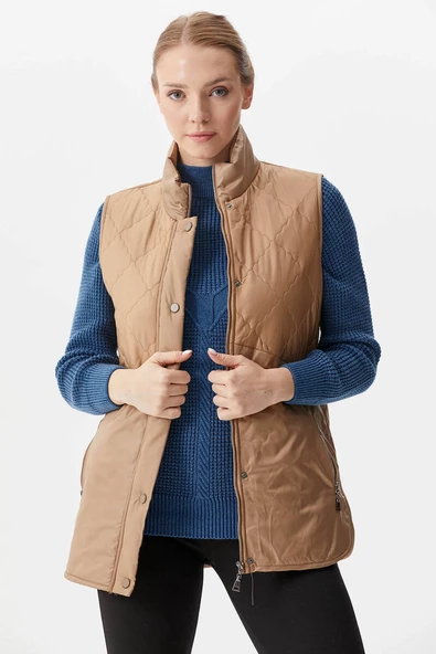 Kapitone Dik Yaka İçi Peluş Yelek - Bej ürün görseli 1