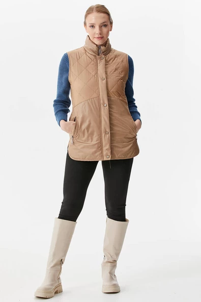 Kapitone Dik Yaka İçi Peluş Yelek - Bej - Resim 3