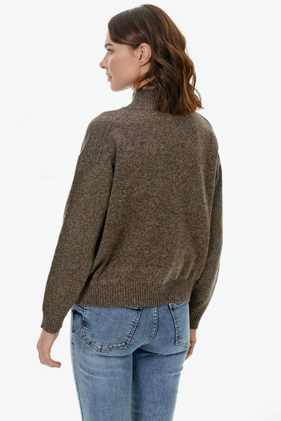 Dik Yaka Cepli Triko Kazak - Kahve - 5