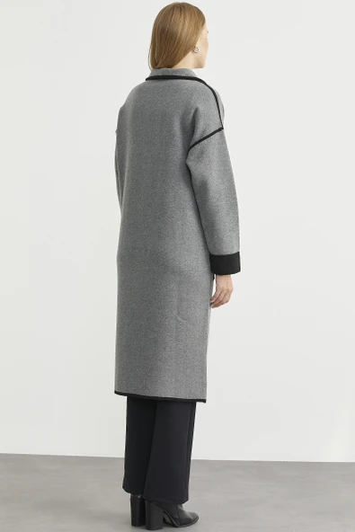 Şal Yaka Çıtçıtlı Uzun Triko Hırka - Koyu Gri - Siyah - Resim 7