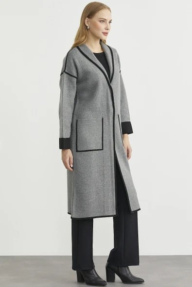 Şal Yaka Çıtçıtlı Uzun Triko Hırka - Koyu Gri - Siyah - Resim 6