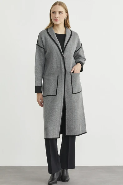 Şal Yaka Çıtçıtlı Uzun Triko Hırka - Koyu Gri - Siyah - Resim 4