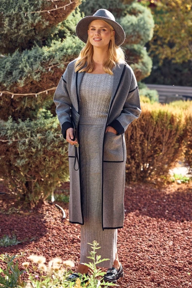 Şal Yaka Çıtçıtlı Uzun Triko Hırka - Koyu Gri - Siyah - Resim 2