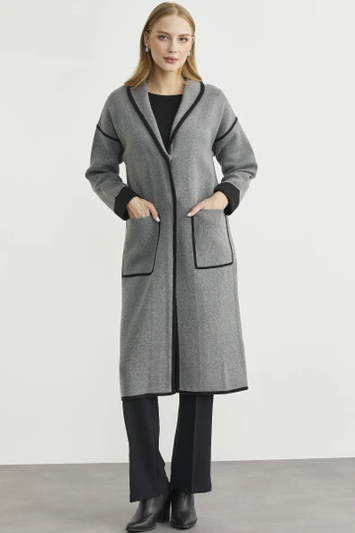 Şal Yaka Çıtçıtlı Uzun Triko Hırka - Koyu Gri - Siyah - Resim 3