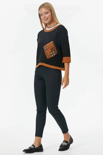 Sıfır Yaka Cep Detaylı Triko Kazak - Siyah - Resim 2