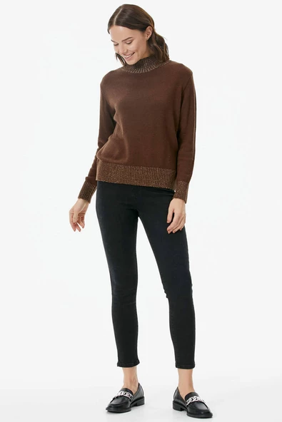 Yarım Balıkçı Sim Detaylı Triko Kazak - Kahve - Resim 4