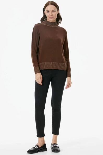 Yarım Balıkçı Sim Detaylı Triko Kazak - Kahve - Resim 3