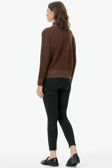 Yarım Balıkçı Sim Detaylı Triko Kazak - Kahve - Resim 5