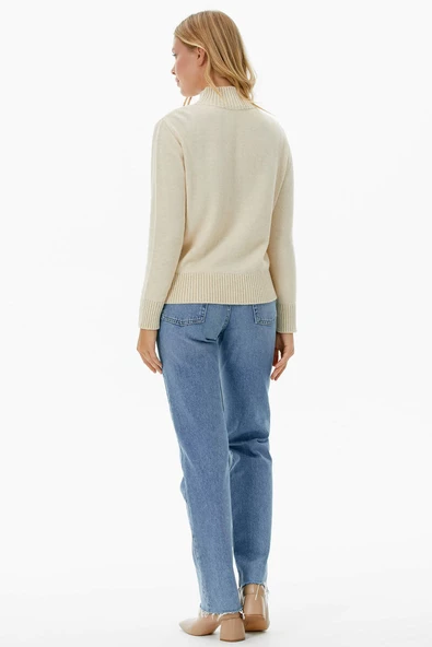 Yarım Balıkçı Sim Detaylı Triko Kazak - Kemik - Resim 5