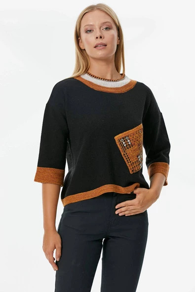 Sıfır Yaka Cep Detaylı Triko Kazak - Siyah - Resim 3