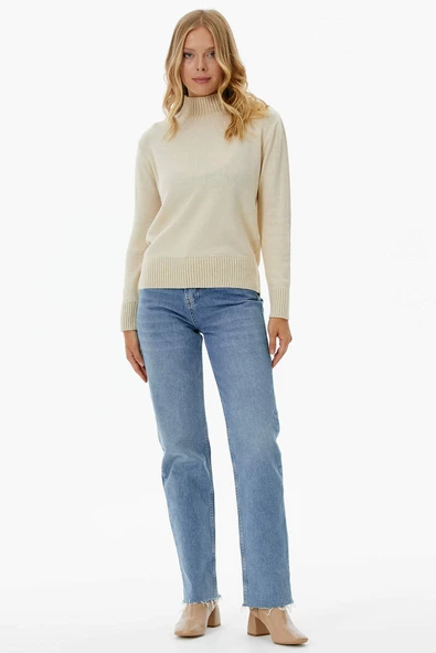 Yarım Balıkçı Sim Detaylı Triko Kazak - Kemik - Resim 3