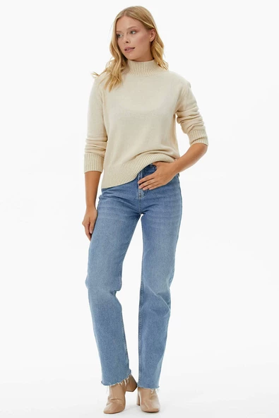 Yarım Balıkçı Sim Detaylı Triko Kazak - Kemik - Resim 4