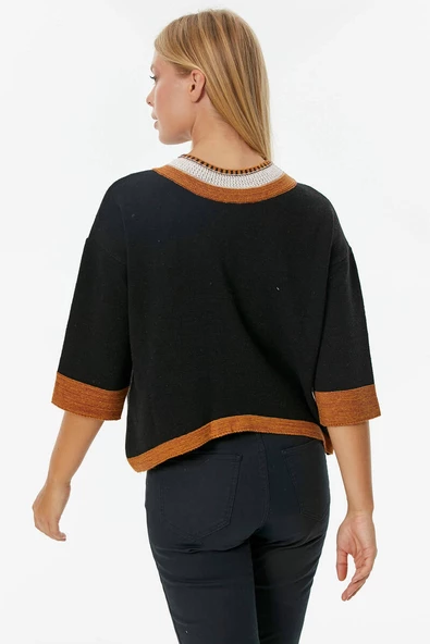 Sıfır Yaka Cep Detaylı Triko Kazak - Siyah - Resim 4