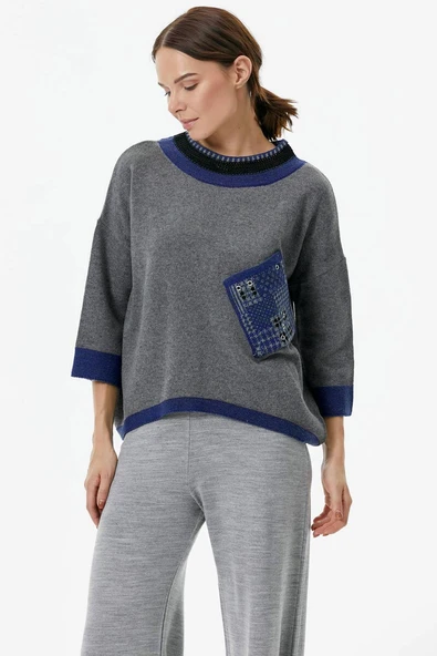 Sıfır Yaka Cep Detaylı Triko Kazak - Gri - Resim 2