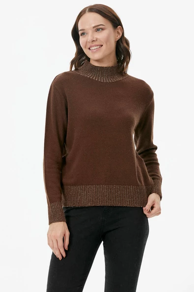 Yarım Balıkçı Sim Detaylı Triko Kazak - Kahve - Resim 2