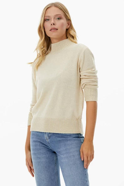 Yarım Balıkçı Sim Detaylı Triko Kazak - Kemik ürün görseli