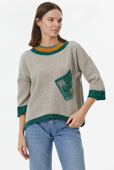 Sıfır Yaka Cep Detaylı Triko Kazak - Vizon - Resim 2