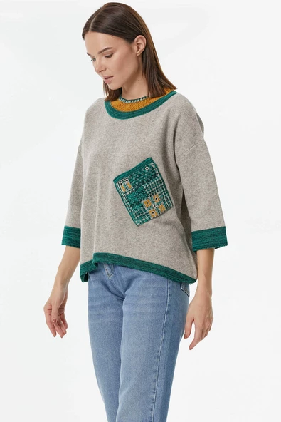 Sıfır Yaka Cep Detaylı Triko Kazak - Vizon - Resim 3