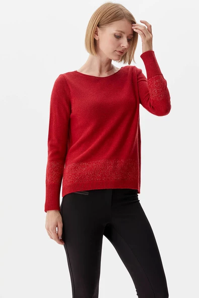 Kayık Yaka Sim Detaylı Triko Kazak - Kırmızı - Resim 2