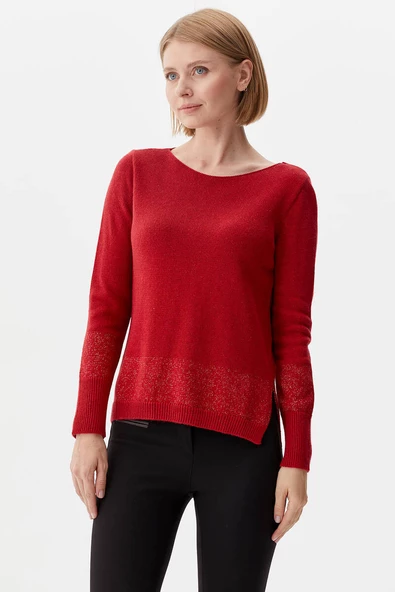 Kayık Yaka Sim Detaylı Triko Kazak - Kırmızı ürün görseli