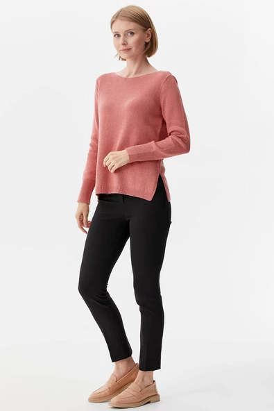 Kayık Yaka Sim Detaylı Triko Kazak - Pembe