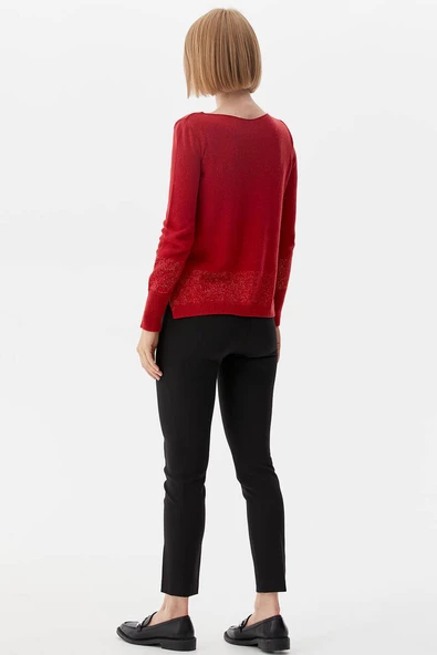 Kayık Yaka Sim Detaylı Triko Kazak - Kırmızı - Resim 4