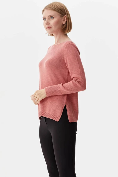 Kayık Yaka Sim Detaylı Triko Kazak - Pembe - 4