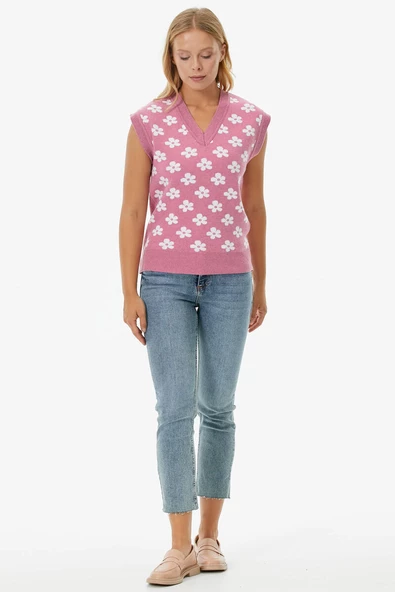 V Yaka Çiçek Motifli Triko Süveter - Pembe - 3