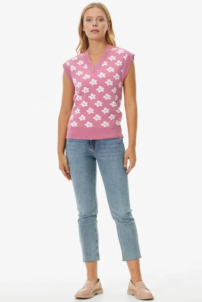 V Yaka Çiçek Motifli Triko Süveter - Pembe - 2