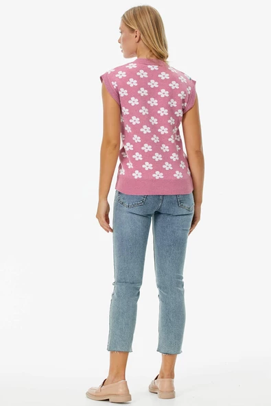 V Yaka Çiçek Motifli Triko Süveter - Pembe - 5