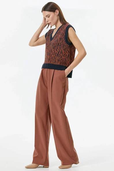 V Yaka Desenli Triko Süveter - Lacivert - Resim 4