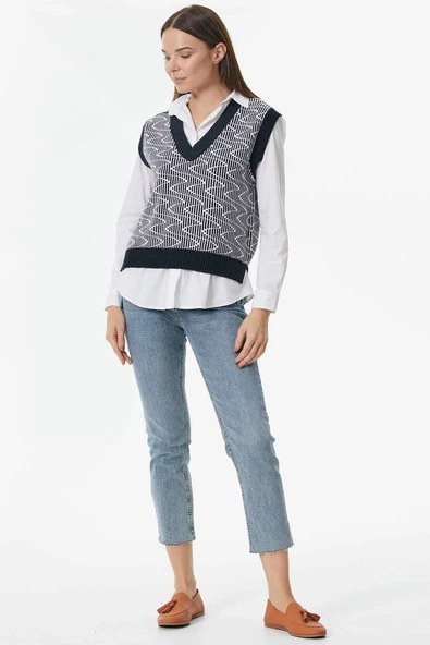 Zikzak Desenli Triko Süveter - Lacivert - Resim 3