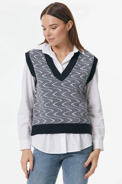 Zikzak Desenli Triko Süveter - Lacivert - Resim 4