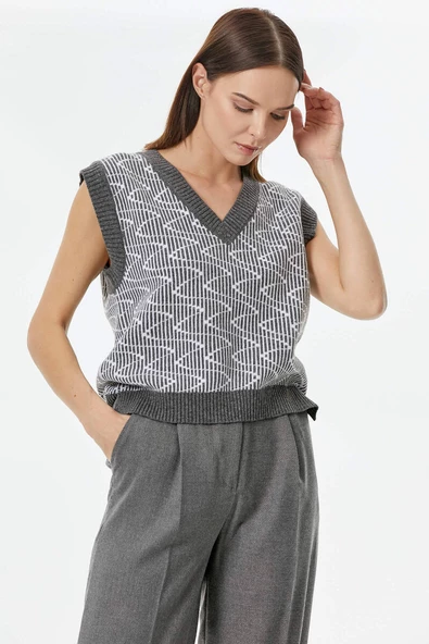 Zikzak Desenli Triko Süveter - Gri - Resim 4