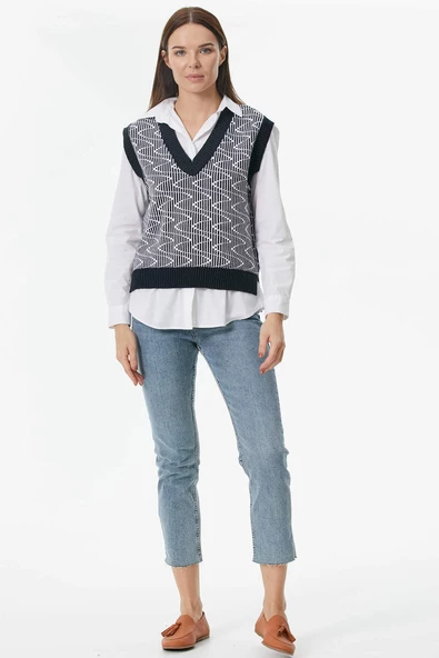 Zikzak Desenli Triko Süveter - Lacivert - Resim 2