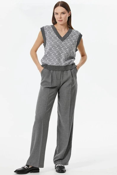 Zikzak Desenli Triko Süveter - Gri - Resim 2