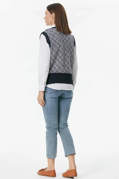 Zikzak Desenli Triko Süveter - Lacivert - Resim 5