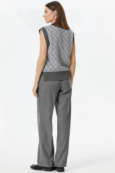 Zikzak Desenli Triko Süveter - Gri - Resim 5