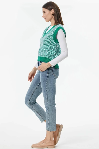 Zikzak Desenli Triko Süveter - Yeşil - Resim 5