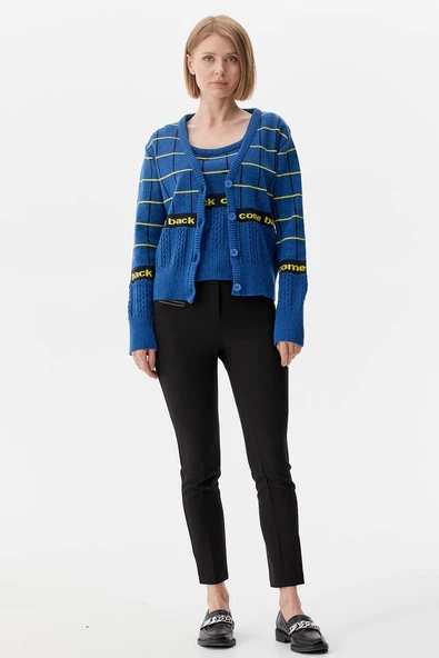 Kare Desenli Triko İkili Hırka Takım - Mavi - Resim 2