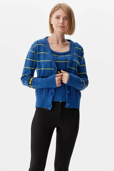 Kare Desenli Triko İkili Hırka Takım - Mavi - Resim 3