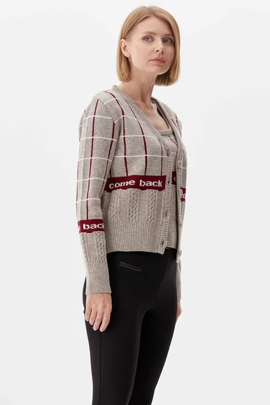 Kare Desenli Triko İkili Hırka Takım - Vizon - Resim 2