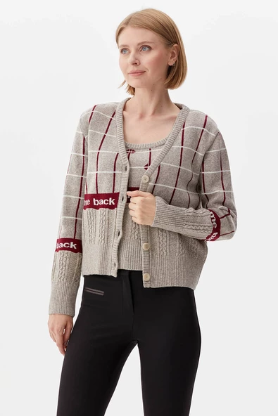 Kare Desenli Triko İkili Hırka Takım - Vizon - Resim 5