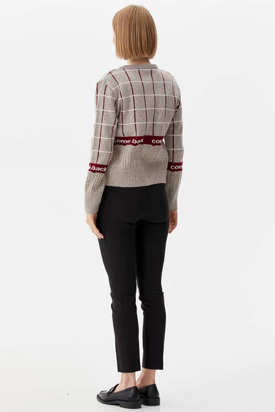 Kare Desenli Triko İkili Hırka Takım - Vizon - Resim 6