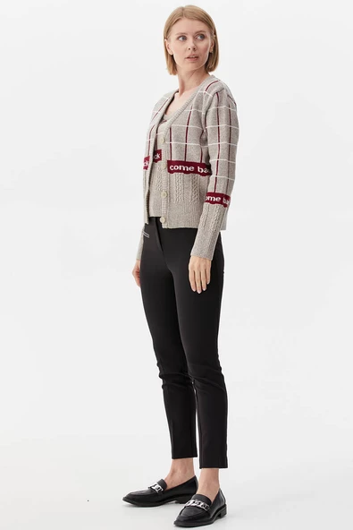 Kare Desenli Triko İkili Hırka Takım - Vizon - Resim 4