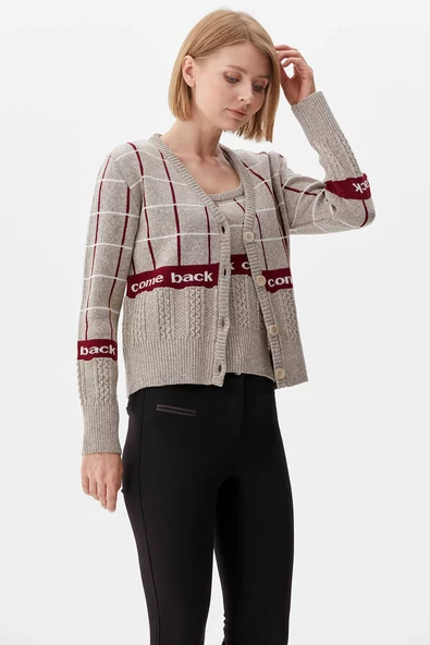 Kare Desenli Triko İkili Hırka Takım - Vizon - Resim 3