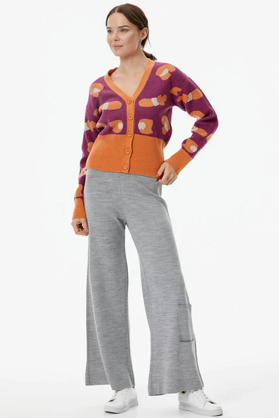 Renkli Desenli Düğmeli Triko Hırka - Taba - Resim 3